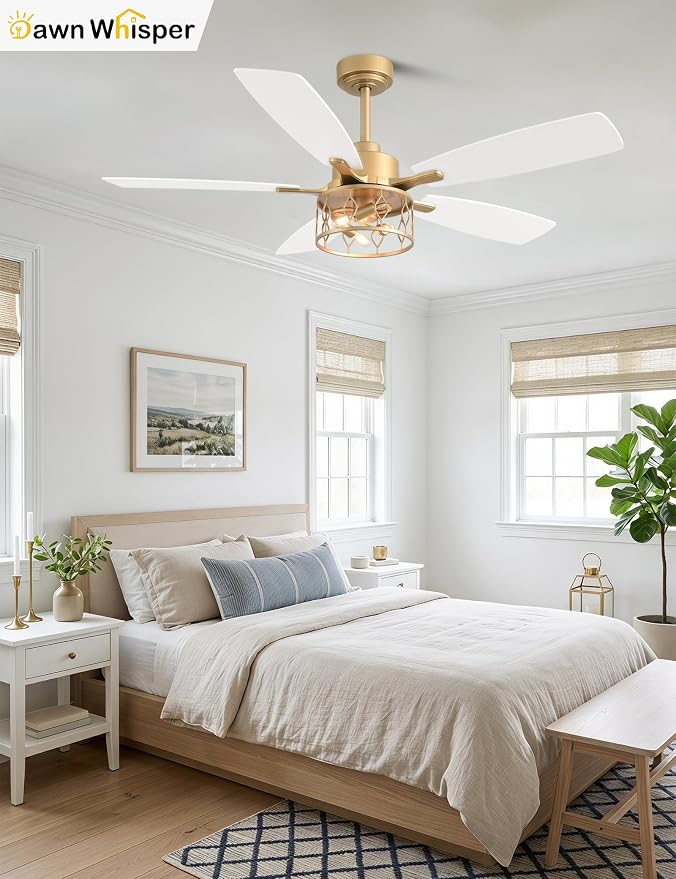 Dawn Whisper 52 Inch Modern Farmhouse Ceiling Fans with Lights White and Gold Rustic Caged Ceiling Fan for Bedroom Living Room Quiet and Reversible DC Motor