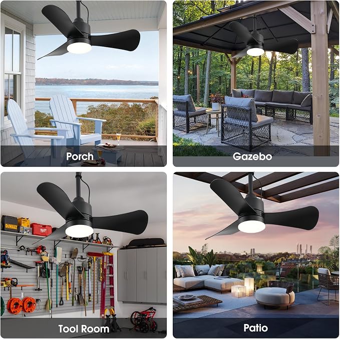 AHAWILL Gazebo Fan,32" Plug in Ceiling Fan with 3 Color LED Light,Waterproof Outdoor Hanging Fan,Outdoor Ceiling Fans for Patios,Gazebo,Pergola.Black