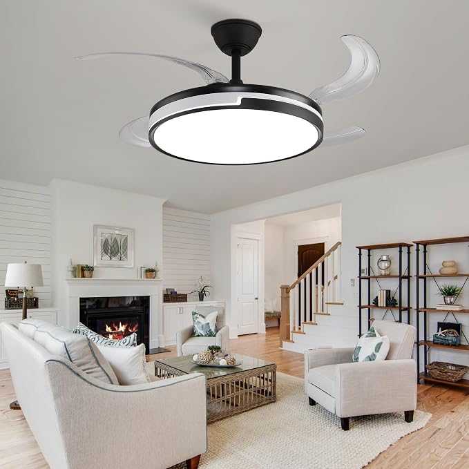 Retractable Ceiling Fans with Lights and Remote, 42'' Black and White Modern Fandelier Ceiling Fans Dimmable LED, Energy Efficient, Memory Function,Timer Setting Fan for Living Room Bedroom