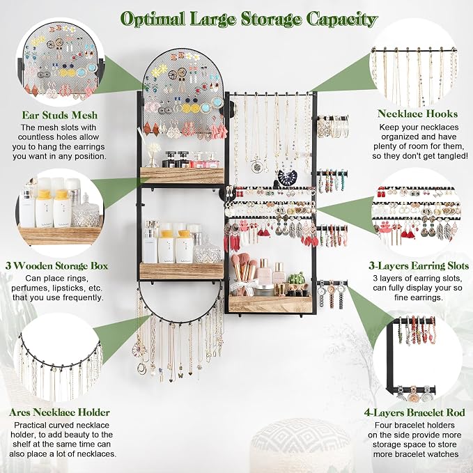 Keebofly Large Jewelry Organizer - Big Wall Mount Hanging Jewelry Holder Display for Earrings, Rings, Necklaces, Bracelets, Makeup, Perfume & Watches
