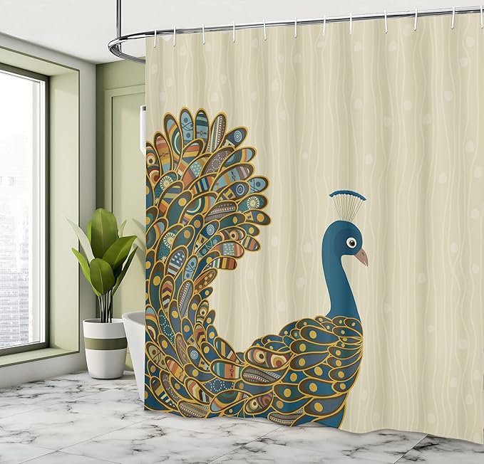 Ambesonne Peacock Shower Curtain, Oriental Background with Motley Bird Tail Ornate, Cloth Fabric Bathroom Decor Set with Hooks, 69" W x 84" L, Petrol Blue