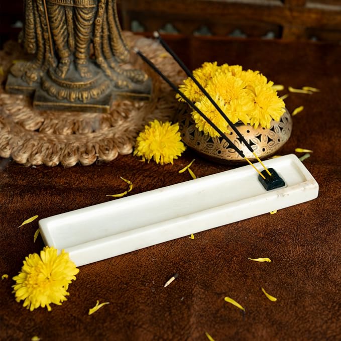 Marble Incense Holder Elegant Aromatherapy Accent Agarbatti Stand for Home Office Spa and Gifting (White Rectangular)