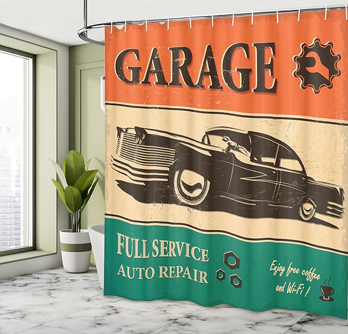Ambesonne Vintage Shower Curtain, Garage Retro Poster Classic Car Automobile Mechanic Nostalgic 50s, Cloth Fabric Bathroom Decor Set with Hooks, 69" W x 70" L, Orange Beige Jade Green