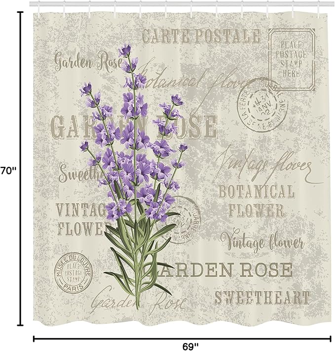 Ambesonne Lavender Shower Curtain, Vintage Postcard Composition Grunge Display and Flowers, Cloth Fabric Bathroom Decor Set with Hooks, 69" W x 70" L, Green Lavender