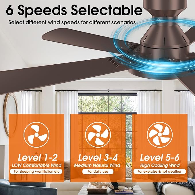 Ceiling Fans with Lights, 52 inch Low Profile Ceiling Fan with Light, Remote/App Control, Flush Mount Modern Ceiling Fan for Bedroom, Indoor/Outdoor (Brown)