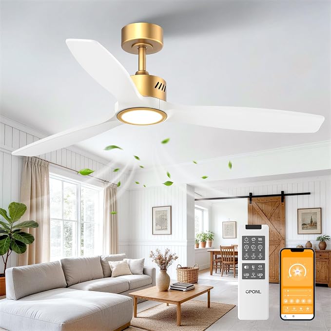OPONL Ceiling Fan with Light, Ceiling fan with Light and Remote Control, Reversible, 6CCT, Dimmable, Noiseless, Ceiling Fan for Bedroom, Indoor/Outdoor Use, White, 52 inch, Wood