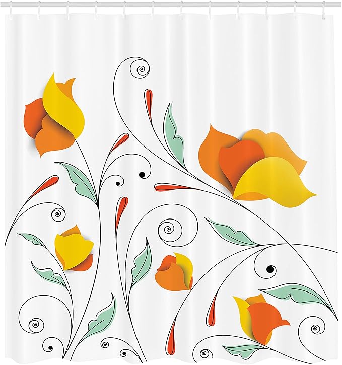Ambesonne Floral Shower Curtain, Bouquet with Swirled Branches Romantic Paper Flowers Origami Autumn Blooms Image, Cloth Fabric Bathroom Decor Set with Hooks, 69" W x 84" L, Mint Orange