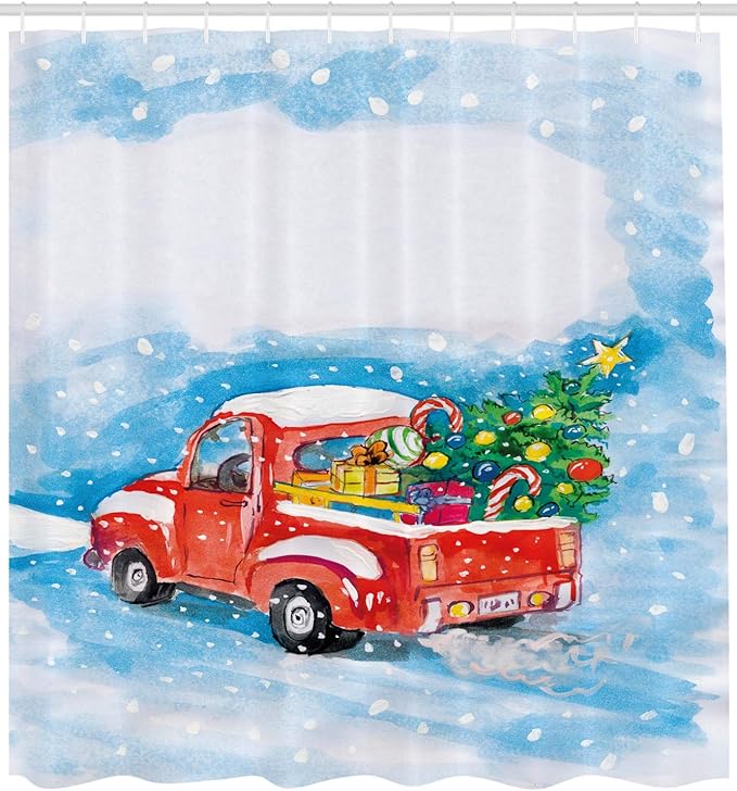Ambesonne Christmas Shower Curtain, Cloth Fabric Bathroom Decor Set with Hooks, Snowy Winter Scene, 69" W x 70" L, Blue White Red
