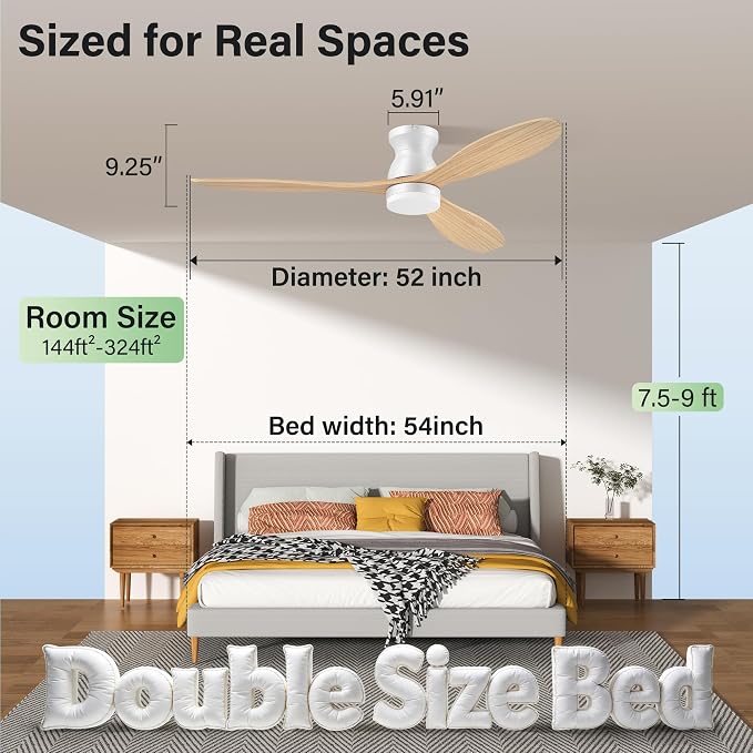 52" Wood Ceiling Fans with Lights Remote,Smart Control via Voice Alexa APP,Quiet DC Motor,Flush Mount Modern Ceiling Fan for Low Profile Living Room,Patio,White& Light Natural Wood,Outoor Indoor,Dim