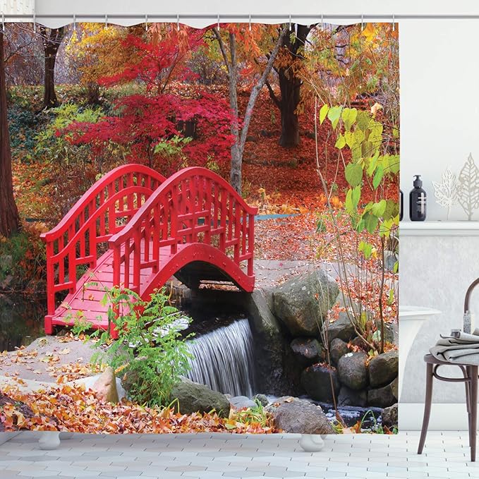 Ambesonne Japanese Shower Curtain, Garden with Oak Colored Little Bridge Nature in November October Fall, Cloth Fabric Bathroom Decor Set with Hooks, 69" W x 84" L, Orange Red