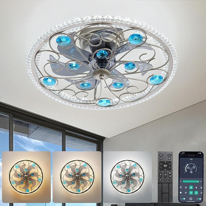 Low Profile Ceiling Fan with Lights 20" Remote Bladeless Ceiling Fan Boho Vintage Flush Mount Ceiling Fans with Light 3 Color Smart LED Dimmable,Handmade Antique Vintage Blue Crystal