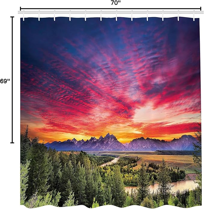Ambesonne Landscape Shower Curtain, Colorful Skyline with Clouds in The Forest Lake River Mountain Landscape Sunburst, Cloth Fabric Bathroom Decor Set with Hooks, 69" W x 70" L, Hot Pink