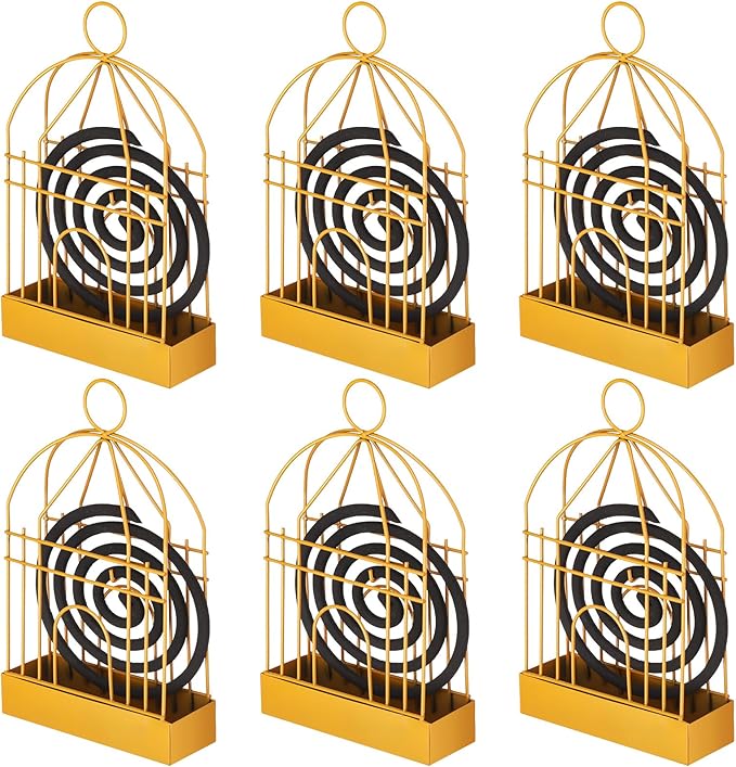 Hushee 6 Pcs Portable Mosquito Coil Holder Retro Incense Coil Burner Metal Hanging Bird Cage Incense Holder for Outdoor Home Garden Decor, Gold