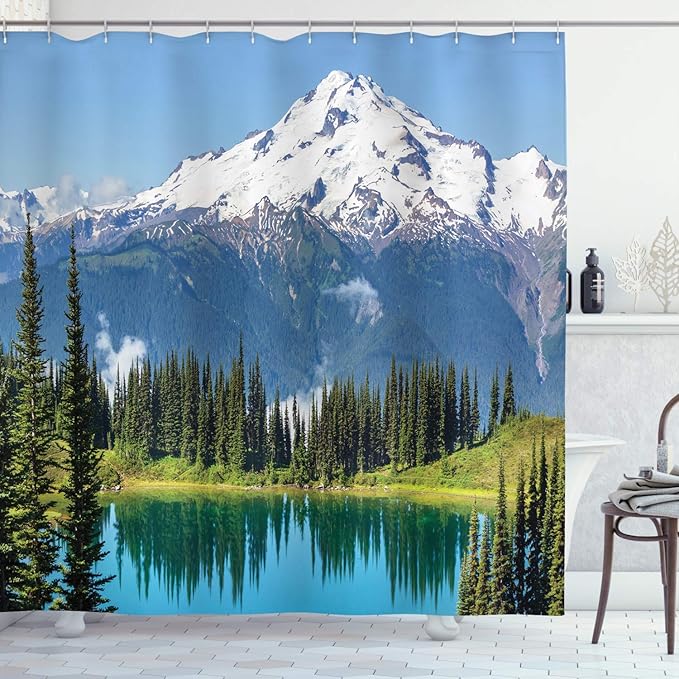 Ambesonne Landscape Shower Curtain, Lake and Snowy Glacier Peak in USA Tall Pine Tree Forest Illustration, Cloth Fabric Bathroom Decor Set with Hooks, 69" W x 75" L, White Green and Blue