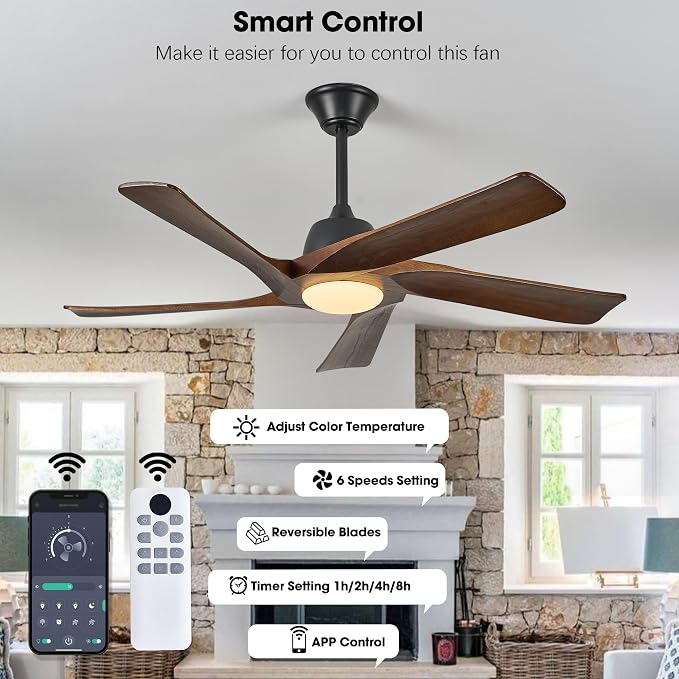 52" DC Ceiling Fan with Light, 5 Solid Wood Blades, Remote and APP Control, 3-color Dimmable, 6-speed Reversible, Quiet Ceiling Fan for Bedroom, Living Room, Dark Walnut