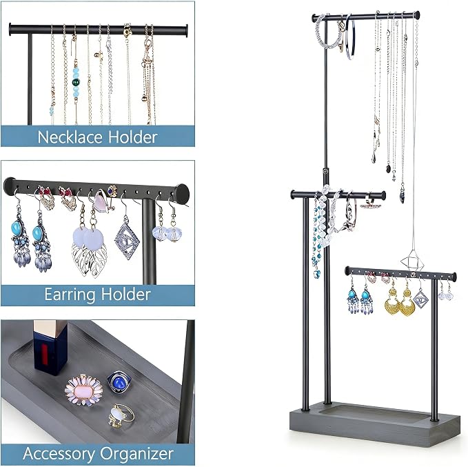 SRIWATANA Weathered Grey & Black Jewelry Organizer, 3-Tier Necklace Stand | Rustic Jewelry Stand with Wood Tray Base; Tangle-Free Storage for Long Necklaces, Earrings with Holes, and Rings