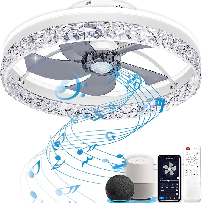 Ceiling Fan with Light, Low Profile Flush Mount Ceiling Fan, Bluetooth Ceiling Fan with Speaker, Smart Ceiling Fan with Alexa & Google Assistant, Voice/APP/Remote Control