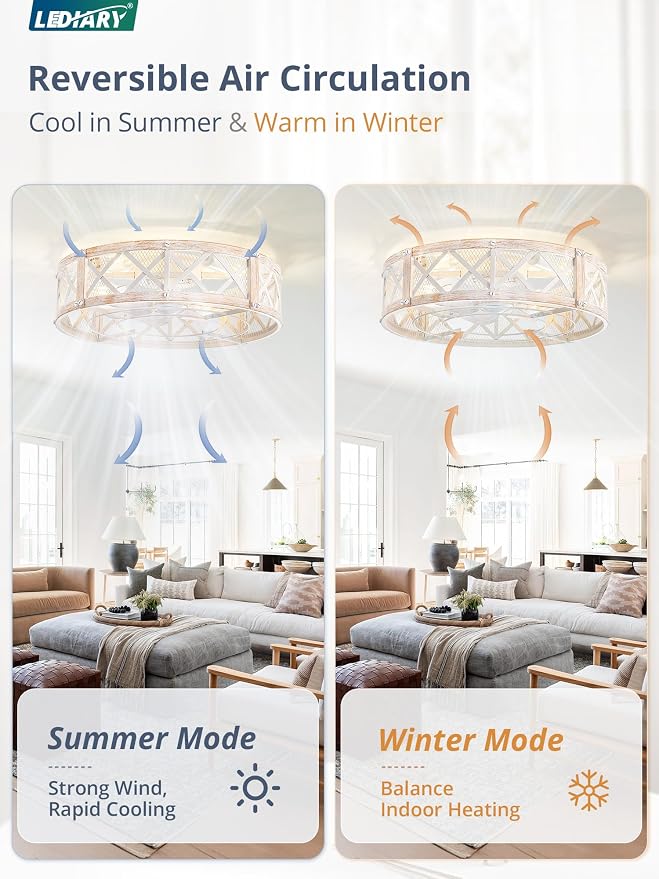 LEDIARY 20" Caged Ceiling Fan with Light, APP&Remote Control, Small Flush Mount Farmhouse Fan Lights, Low Profile Rustic Bladeless Ceiling Fan Fixtures for Bedroom, Kitchen-White Gold Color