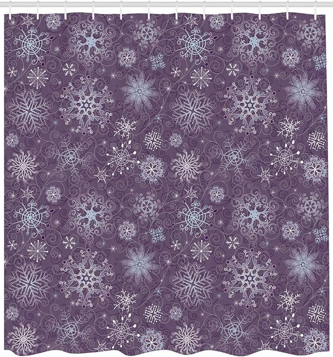 Ambesonne Eggplant Shower Curtain, Christmas Inspired Flowers Snowflakes and Swirls in a Violet Delicate Environment, Cloth Fabric Bathroom Decor Set with Hooks, 69" W x 70" L, Violet