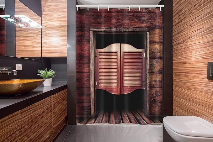 Ambesonne Western Stall Shower Curtain, Old Rustic Wooden Door and Wild West Cowboy Antique Bar Saloon Door Picture, Fabric Bathroom Decor Set with Hooks, 54" W x 78" L, Maroon Brown