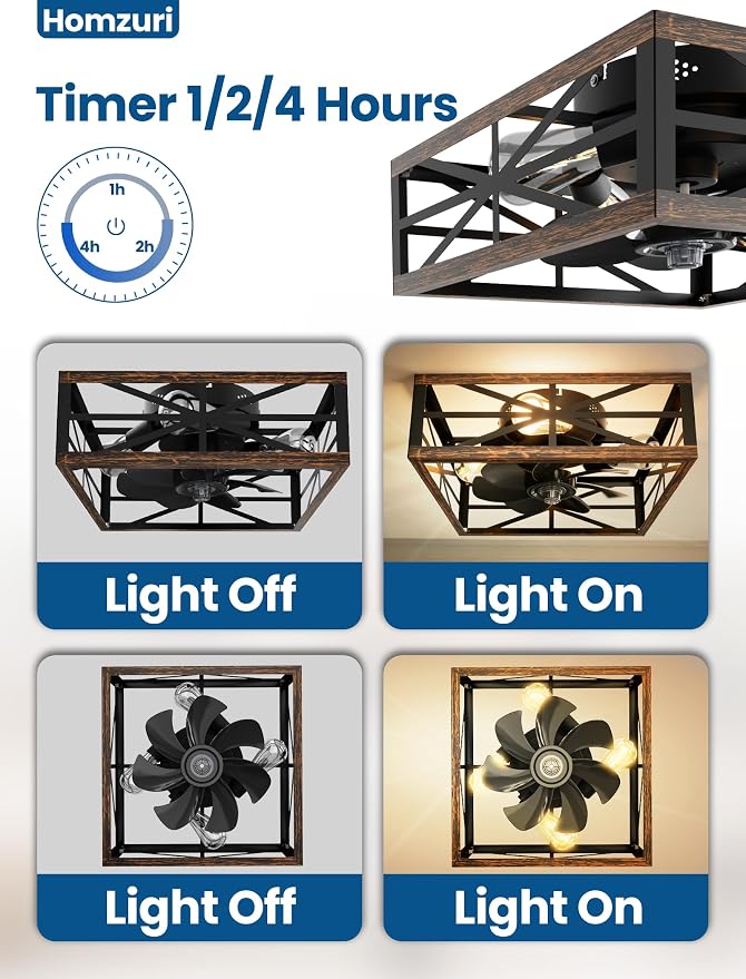 16" Caged Ceiling Fan with Light and Remote App Control, Rustic Square Flush Mount Low Profile Ceiling Fandelier Lights, 6 Speed and Reversible, Farmhouse Industrial Style for Bedroom, Kitchen