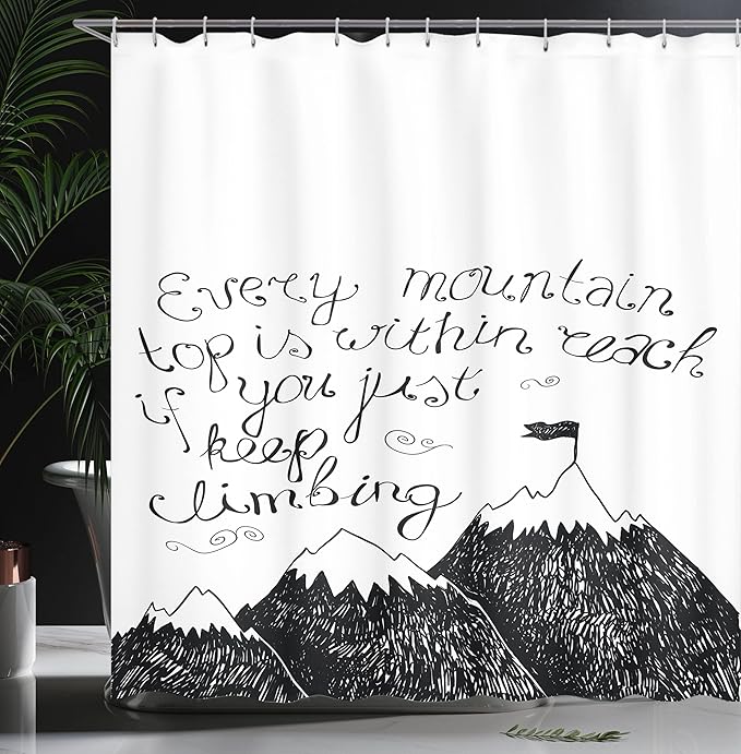 Ambesonne Wording Shower Curtain, Sketchy Mountains Hand Writing Style Letters Purpose Determination Success, Cloth Fabric Bathroom Decor Set with Hooks, 69" W x 75" L, White and Black