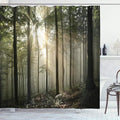Ambesonne Forest Shower Curtain, Sunrise in The Early Autumn Season of a Deciduous Forest with Wild Woodland Seasonal Picture Style, Cloth Fabric Bathroom Set with Hooks, 69" W x 75" L, Black Green