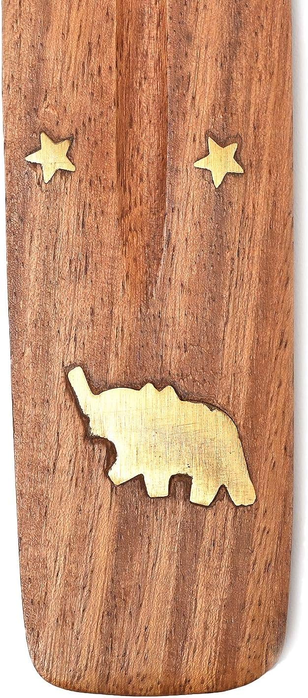 Incense Garden Wooden Incense Holder for Sticks with Inlays of Brass Sun 10 inches Long (Elephant)