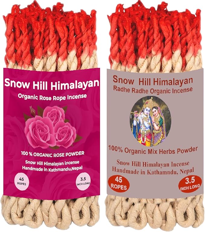 Snow Hill Incense Rope Holder Burner with 2 Pack of Rose & Radhe Radhe Incense Rope, Organic Composed of 26 Ritual Ingredients - Wooden Incense Ash Catcher Burner - Handmade in Nepal