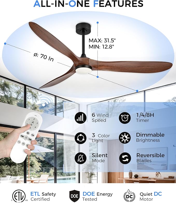 70 Inch Modern ABS Ceiling Fan with Lights and Remote, DC Motor Large Ceiling Fan, 3CCT Dimmable LED Indoor Outdoor Ceiling Fan for Living Room, Patio & Covered Porch, ZCCF08WD-70
