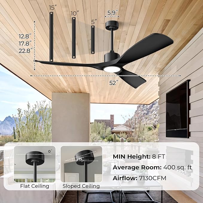 Ceiling Fans with Lights, Ceiling Fans with Lights and Remote Control, 52 inch Black Modern Smart Ceiling Fan with Light, Outdoor Ceiling Fans for Patios 3 Blade Bedroom Living Room（Black）