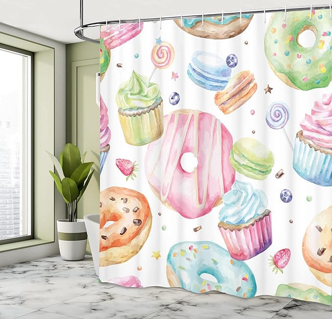 Ambesonne Sweets Shower Curtain, Delicious Macaron Cupcakes Donuts Muffins Sugar Tasty Yummy Watercolor Design Print, Cloth Fabric Bathroom Decor Set with Hooks, 69" W x 70" L, Green Pink