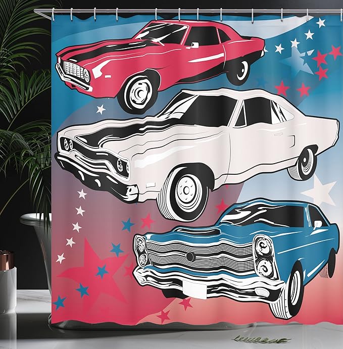 Ambesonne Cars Shower Curtain, Comic Book Style Pop Art Group of Nostalgic American Muscle Cars and Stars Antique Retro Inspired, Cloth Fabric Bathroom Decor Set with Hooks, 69" W x 75" L, Blue Beige