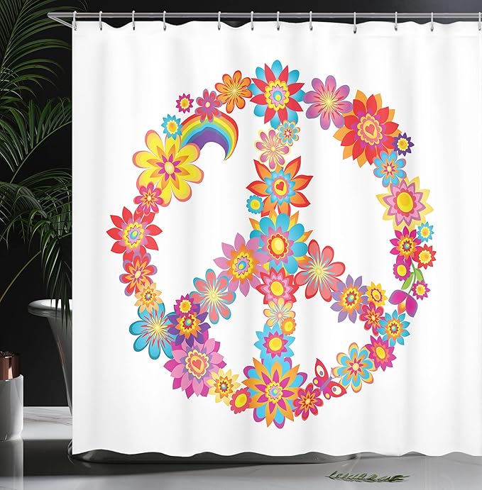 Ambesonne 1960s Shower Curtain, Colorful Peace Flower Nature Youthful Flourishes Happiness Hippie Art, Cloth Fabric Bathroom Decor Set with Hooks, 69" W x 75" L, Blue Red