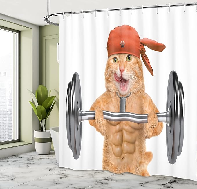 Ambesonne Funny Shower Curtain, Fitness Cat Lifting a Big Dumbbell Muscled Kitty Body Building Gym Humor Image, Cloth Fabric Bathroom Decor Set with Hooks, 69" W x 84" L, Brown Grey