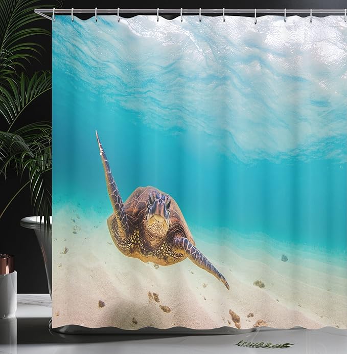 Ambesonne Hawaiian Shower Curtain, Underwater Scuba Diving Sea Turtle Nature Animal Swimming Wildlife Theme, Cloth Fabric Bathroom Decor Set with Hooks, 69" W x 75" L, Beige Brown