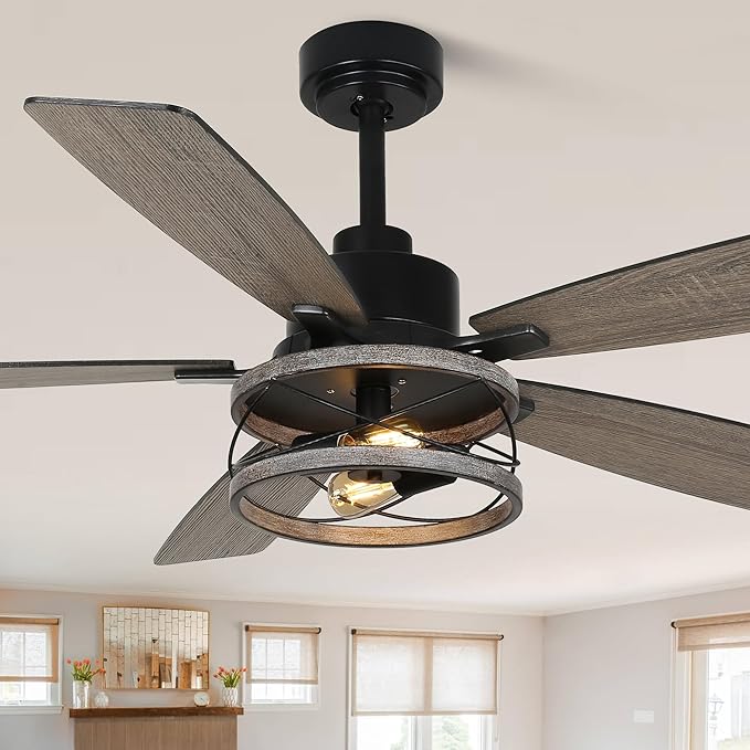 52 Inch Farmhouse Ceiling Fan with Light and Remote Rustic Ceiling Fan Quiet and Reversible DC Motor Industrial Drum Chandelier Fan for Living Room Bedroom Patio
