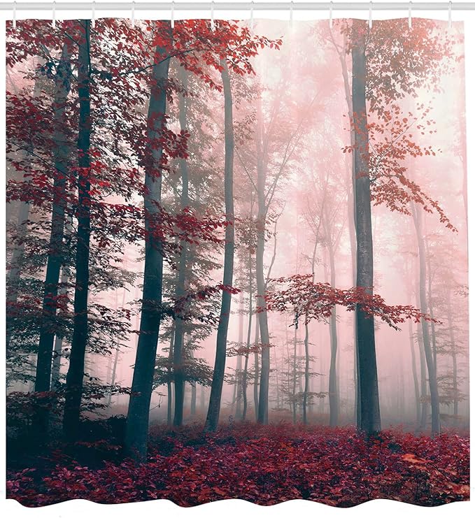 Ambesonne Forest Shower Curtain, Autumn Season Mystic Foggy Fall Nature and Enchanted Woods Wild Trees Print, Cloth Fabric Bathroom Decor Set with Hooks, 69" W x 70" L, Brown Grey and Red