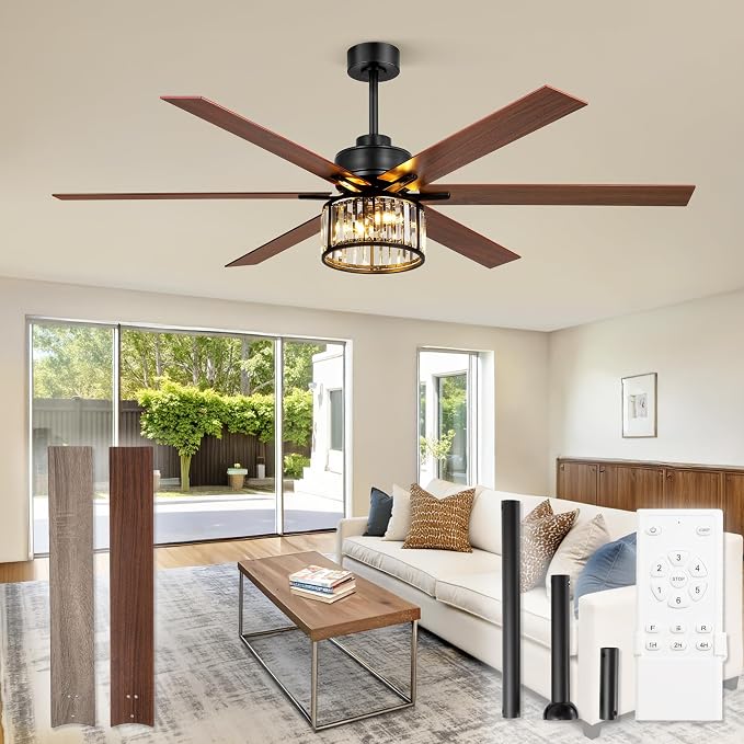 Fanbulous 65 Inch Farmhouse Crystal Ceiling Fan with Lights and Remote, Chandelier Ceiling Fan with Quiet Reversible DC Motor, Wood Blades - Ideal for Bedroom
