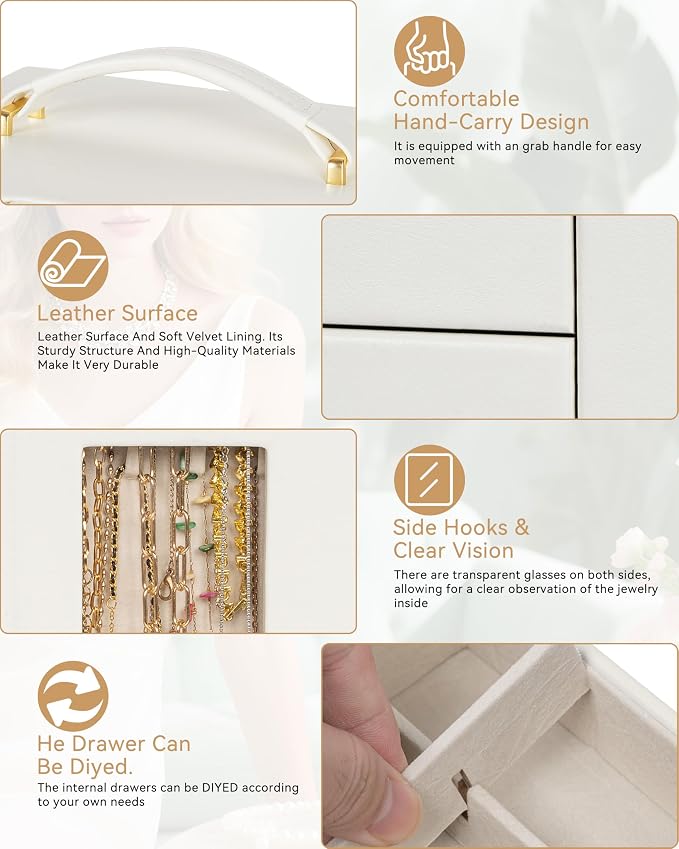 AKOZLIN 6-Tier Jewelry Box Organizer Functional 5 Drawers Leather Jewelry Storage Case for Women Girls Ring Necklace Earring Bracelet Holder Organizer with Mirror XL White 360° Rotating