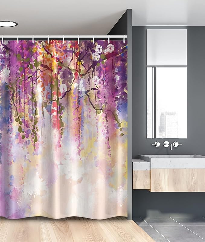 Ambesonne Japanese Stall Shower Curtain, Floral Country Style Watercolor Japanese Garden Flowers with Rain Backdrop, Fabric Bathroom Decor Set with Hooks, 54" W x 78" L, Peach Purple