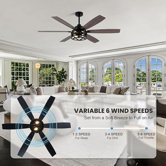 Dawn Whisper 60 Inch Farmhouse Ceiling Fans with Lights and Remote Large Black Caged Rustic Chandelier Ceiling Fan for Bedroom Living Room Quiet and Reversible DC Motor 6 Speeds