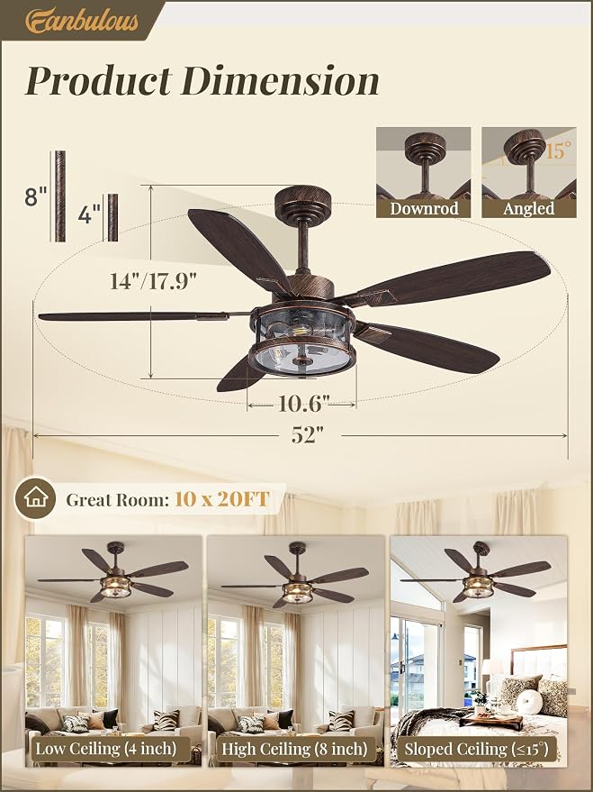 Fanbulous 52 inch Caged Ceiling Fans with Lights and Remote, Easy Install | Farmhouse Ceiling Fan with Energy Saving DC Motor, Timer Function, Vintage Ceiling Fans Noise under 35 dB for Bedroom
