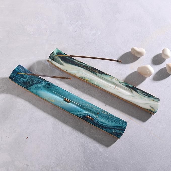 Folkulture Set of 2 Incense Holder or Incense Burner for Insence Sticks, Insence Burner Holder for Home Decor or Ash Catcher, Inscent Tray or Insense Stick Holders, Mango Wood, Blue and Green Agate