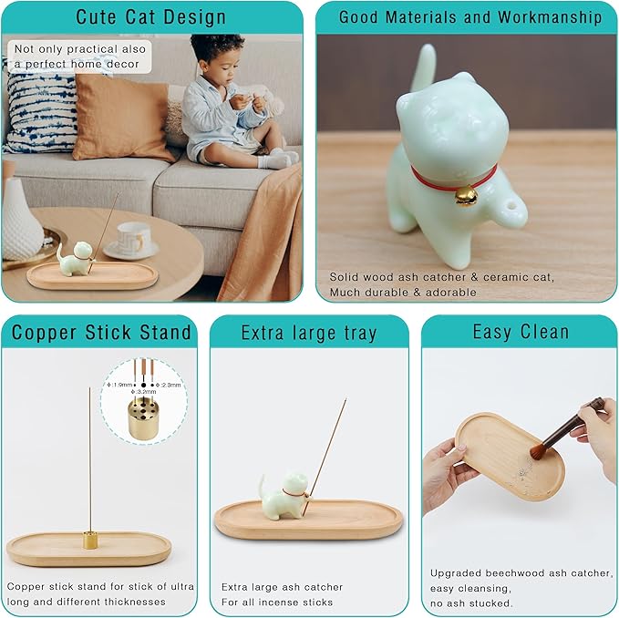Cute Ceramic Cat Incense Stick Holder, Incense Burner Set, Large Beechwood Ash Catcher Copper Incense Stand Incense Sticks Brush, Meditation Yoga Massage Work Read Home Decor (A, B-Green)
