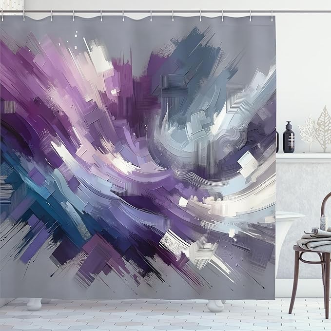 Ambesonne Purple Shower Curtain, Contemporary Art of Asymmetric Design Brushstrokes on Grey Back, Cloth Fabric Bathroom Decor Set with Hooks, 69" W x 75" L, Dark Indigo and Slate Blue