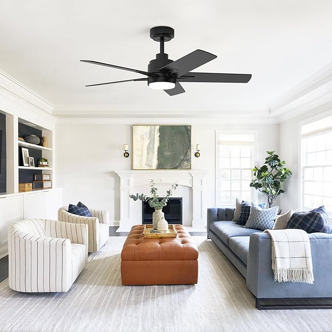 YUHAO 48 Inch Black Ceiling Fan with Light and Remote Control.Noiseless,Dimmable, 3CCT,6 Speeds Reversible, Modern DC Ceiling Fans for Indoor or Covered Outdoor Use,ETL Listed