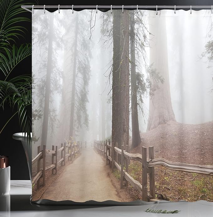 Ambesonne Yosemite Shower Curtain, Evergreen Forest and Walkway in Sequoia National Park Foggy Morning Nature Art, Cloth Fabric Bathroom Decor Set with Hooks, 69" W x 84" L, Grey Brown