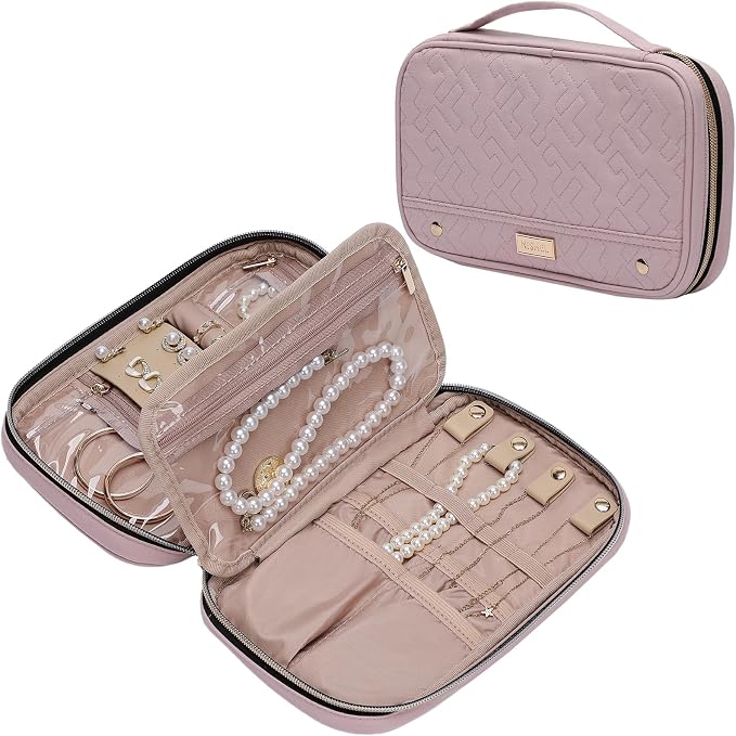 NISHEL Travel Jewelry Case Organizer, Tangle-Free Necklace Storage Bag | Stores rings, earrings, bracelets and watches in a compact case for travel and daily use, Peach Pink, Medium