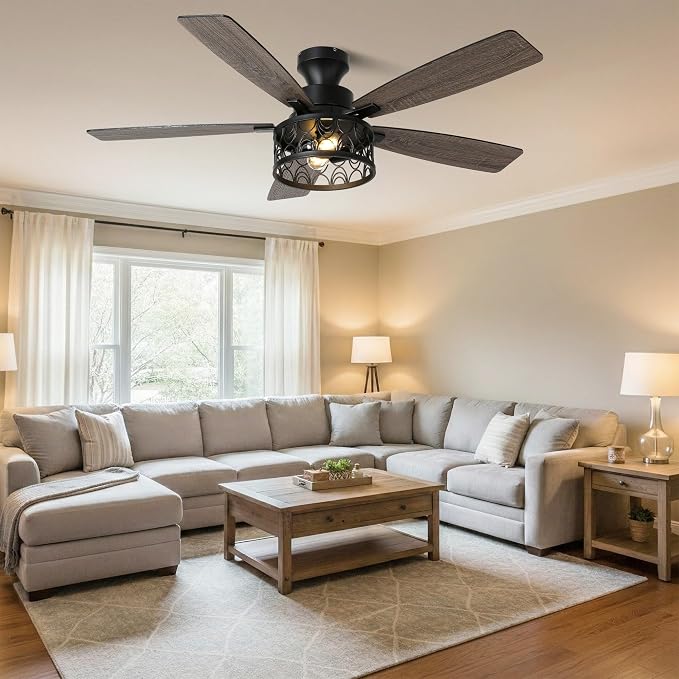 52'' Flush Mount Farmhouse Ceiling Fan with Light & Remote Control | Reversible Quiet DC Motor,6-Speed,Timer Dual-Sided Blades,Low Profile Industrial Caged Ceiling Fan for Bedroom Living Room